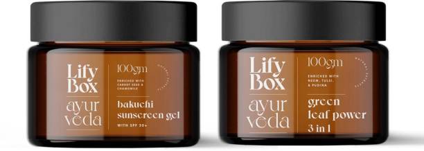 Lifybox Green Leaf Power 3in1 (100gms) + Bakuchi Sunscreen Gel with SPF 30 (100gms) Face Scrub + Face Pack + Sun Cream + Moisturizer helps to detan, exfoliate, prevent suntan & aging