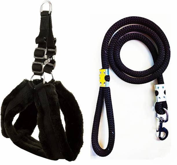 cavaly Soft Mink Fur Adjustable Dog Harness and Leash Rope (1.25 Inch, Black) Dog Harness & Leash