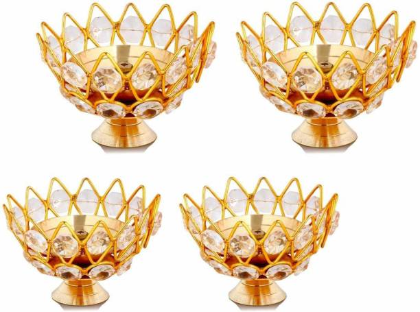 Collectible India Diya for Pooja Gift Brass, Crystal (Pack of 4) Table Diya Set