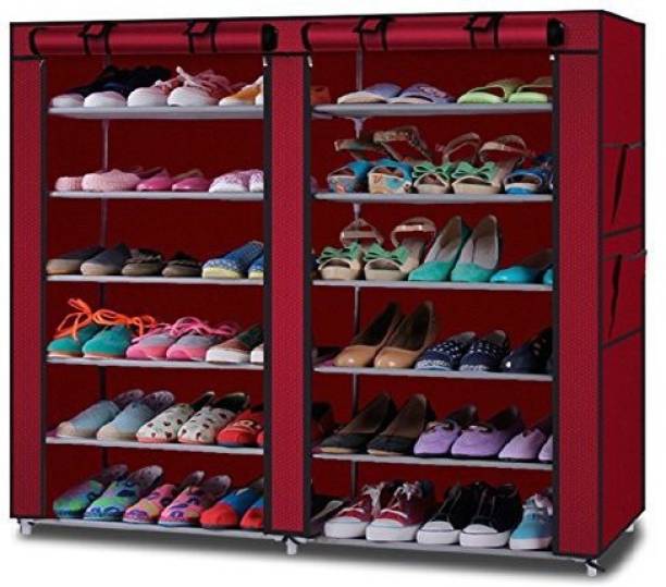 Styleys Multipurpose Modern 6 Layer 12 Grid Metal Shoe Rack Stand For Folding Shoe Rack With Cover For Home/office (Brown) Metal Collapsible Shoe Stand