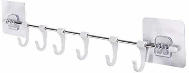 Divinext 6 Seamless Hooks Kitchen Wall Suction Plastic Self-Adhesive Six-Row Hook Toilet Bathroom Multi-Purpose Hanger Strong Adhesive Hanging Corner Nail-Free Tool (Pack of 1) Hook Rail 6