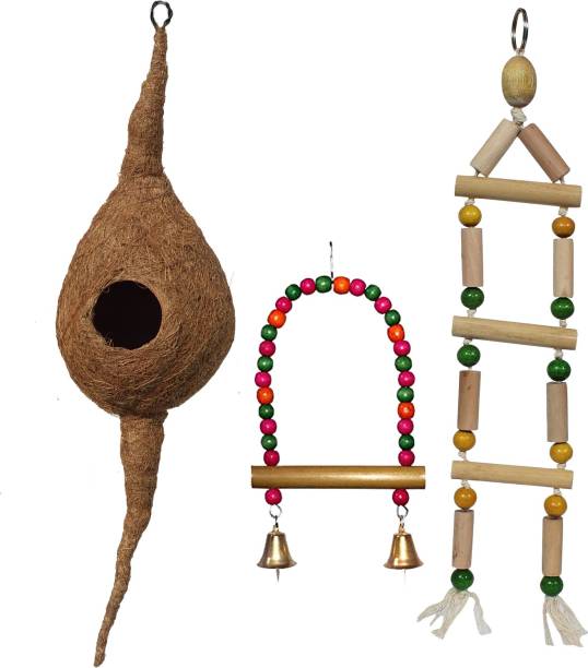 Venus Aqua Coconut Bird Nest with Chewing Toys-Hanging Bird Cage Toys Suitable for Small Parakeets, Cockatiels, Conures, Finches, Budgie, Macaws, Parrots, Love Birds(Combo Pack with Nest) Bird House