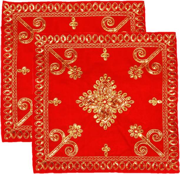 Bhakti Lehar Designer Red Velvet Cloth for Puja / Pooja Aasan Kapda / Embroidered Chawki Assan Altar Puja Cloth for Home Mandir, Temple, God & Goddess Ashan ( Size: 15" x 15" Inches ) Altar Cloth