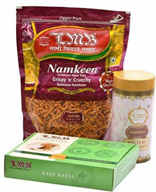 laxmi misthan bhandar Flavour OF Pink City Sweets Box : Kaju Katli ; Navaratna Mix ; Jaipuri Bhujia Box