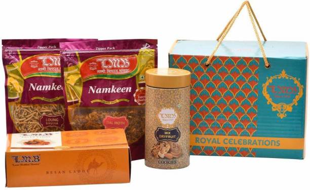 laxmi misthan bhandar Royal Celebration Hamper Combo Box : Besan Laddu ; Mix Dry Fruit Cookies; Dalmot; Loung Bhujia Box