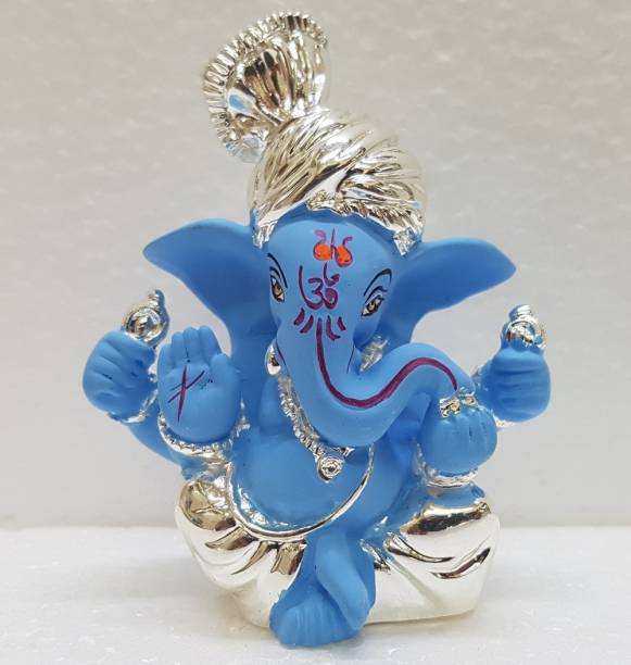 Gold Art India Silver plated Blue terracotta Pagdi ganesha Ganesha / God ganesh idol/ Vinayaka Idol/ Silver Ganesha/ Vinayaka statue/ Car ganesh/ Vinayagar/ Car dashboard ganesha/ Ganesh Murti Decorative Showpiece  -  8 cm
