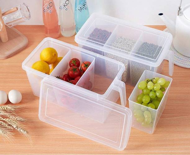 Padchaaya Fridge Storage Containers Box - Refrigerator Organizer Container - Square Handle Food Storage Organizer Boxes - Clear with Lid, Handle and 3 Smaller Bins Storage Basket (Pack of 1) Fridge Door Shelf