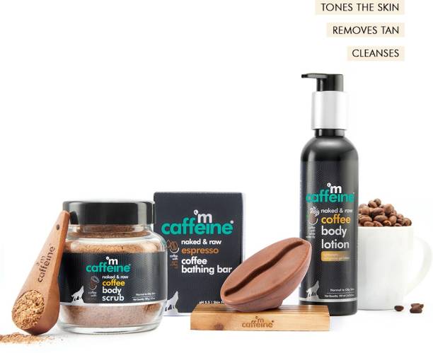 mCaffeine Espresso Body De-Tan Kit | Free Handcrafted Bean Tray | Deep Cleanses, Removes Tan, Moisturizes | Bathing Bar Soap, Body Scrub, Body Lotion