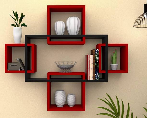 Amaze Shoppee Rack shelf Wooden Wall Shelf Black & Red Set of 5 MDF (Medium Density Fiber) Wall Shelf