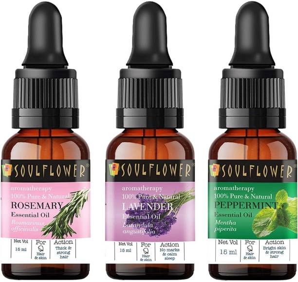 Soulflower Essential Oil Rosemary 15ml, Lavender 15ml, Peppermint 15ml, 100% Premium & Pure, Natural & Undiluted, For Hair, Skin And Face, Steam Inhaler, Hair Growth