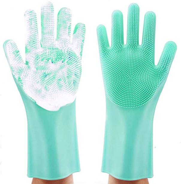 kukmak Reusable Custom Heat Resistant Dishwashing Non Stick Kitchen Silicone Gloves with Wash Scrubber Wet and Dry Disposable Glove