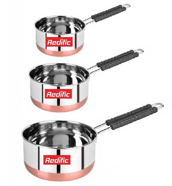 Redific Stainless Steel Copper Bottom Multipurpose Sauce Pan for Kitchen, Restaurant Cooking & Heat Proof Handle, Rust Resistant & Dishwasher Safe (1, 1.5, 2 Liter)(Set of 3)(Gas Stove Compatible and Non Induction Compatible) Cookware Set
