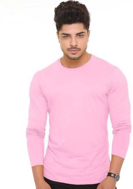 t-hustler Solid Men Round Neck Pink T-Shirt