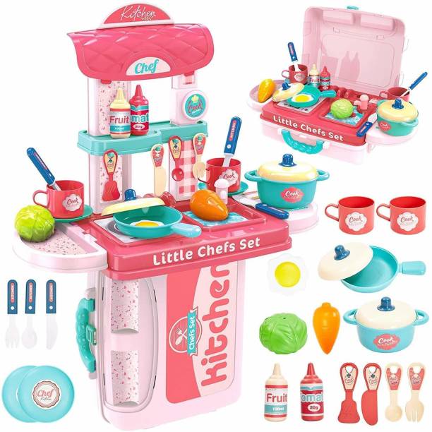 TechHark 2 in 1 Portable Cooking Kitchen Play Set Pretend Play Food Party Role Toy for Boys Girls - Pink