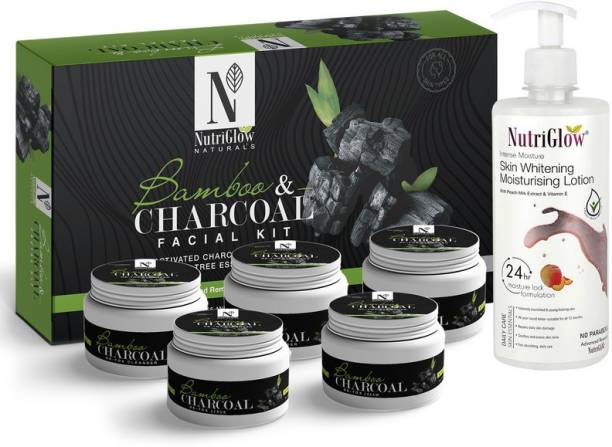 NutriGlow NATURAL'S Bamboo Charcoal Facial Kit (250 gm) + Intense Moisture (500 ml) / Skin Whitening Moisturising Lotion / Detoxifies Skin / No Parabeans