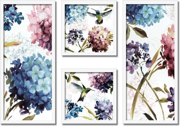 Painting Mantra Floral Theme Framed Painting, 4 Framed Art Prints for Living Room in White Background- Size - (2 Unit 22x 47 cm . 2 Unit 9x9 Inchs) Digital Reprint 19 inch x 28 inch Painting