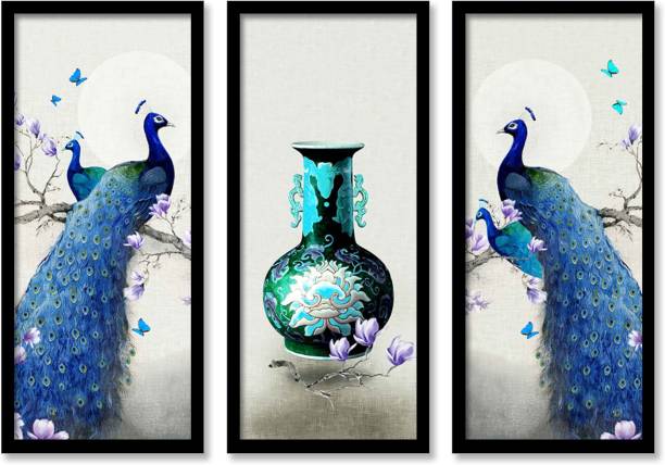 Painting Mantra Peacock Theme Framed Painting, 3 Framed Art Prints for Living Room in Grey Background- Size - 22x 47 cm Digital Reprint 18 inch x 28 inch Painting