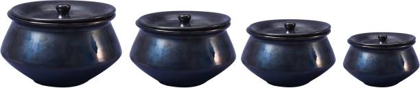 caffeine Ceramic Handmade Black Ferrous Serving Haandi Pack of 4 Cook and Serve Casserole Set