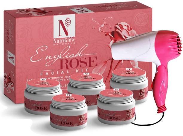 NutriGlow NATURAL'S English Rose Hydrosol Facial Kit (250 gm) With Electric Hair Dryer /2 Switch Speed Setting / Instant Glowing / Skin Nourishment