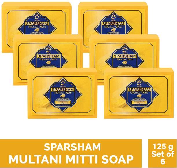 SPARSHAM HANDMADE MULTANI MITTI TURMERIC SOAP WITH ESSENTIAL OIL FOR ANTIACNE PIMPLE & CLEAR SKIN 750g PACK OF 6