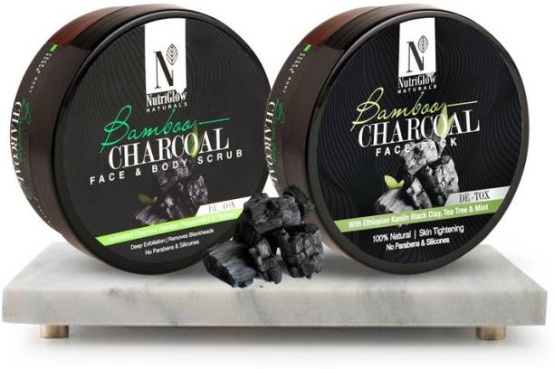 NutriGlow NATURAL'S Bamboo Charcoal Combo: Face Pack + Scrub / Activated Charcoal Powder/ Deep Exfoliation/ Tea Tree & Mint (200 gm Each)