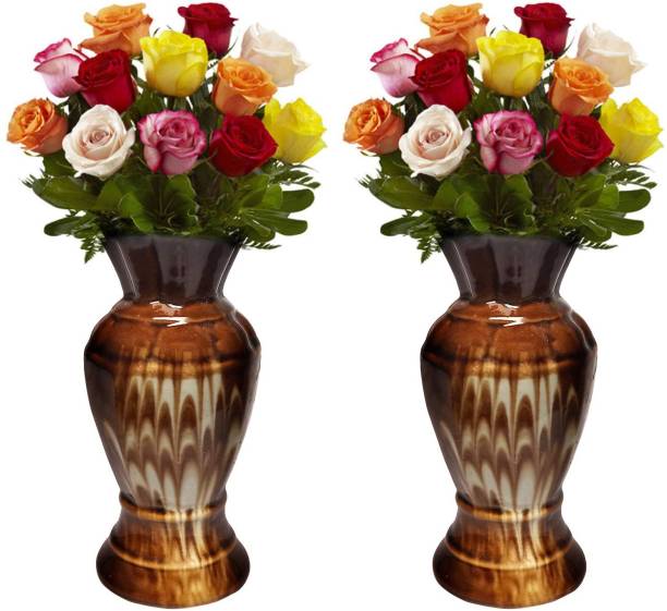 Wauood White Ceramic Flower Vase Ideal Gift for Home Living Room Office Desktop Meeting Room Party Birthday and Formal Dinners Decoration Brown White 18.5cm (Pack of 2) Ceramic Vase