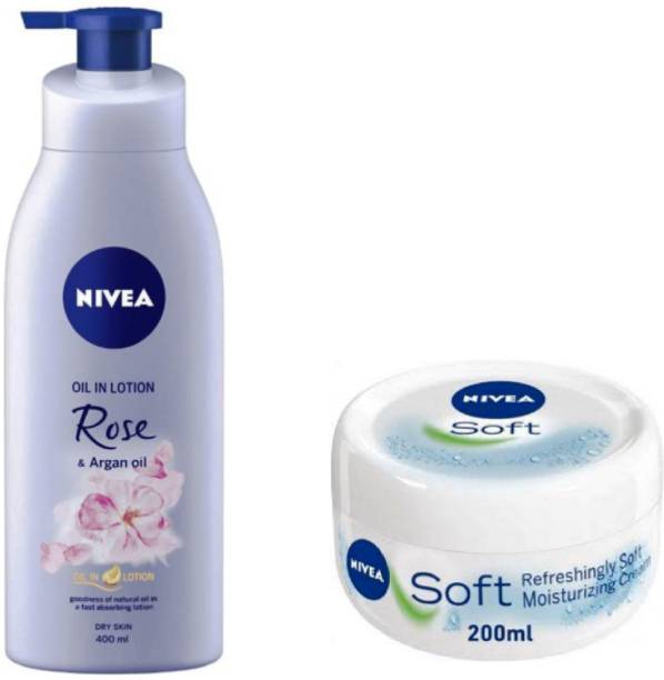 NIVEA Rose & Argan oil Body Lotion 400 Ml , Soft Cream 200 ML (Pack of 2) #54