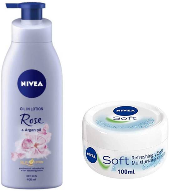 NIVEA Rose & Argan oil Body Lotion 400 Ml , Soft Cream 100 ML (Pack of 2) #52