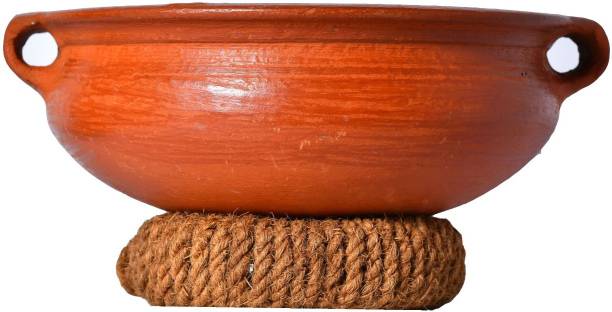 Frills & Colours Earthen Cookware for Kitchen/Ourali/ Clay Handi for Cooking & Serving/ Curry Pot- Red Handi 1 L