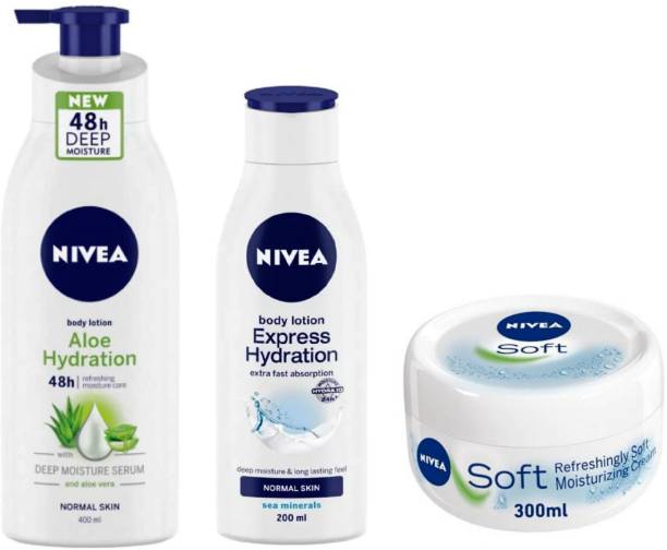 NIVEA Aloe Hydration Body Lotion 400 Ml, Express Hydratoon Body Lotion 200 Ml , Soft Creme 300 ML (Pack of 3) #110