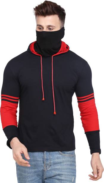 Men Solid Hooded Neck Black T-Shirt Price in India