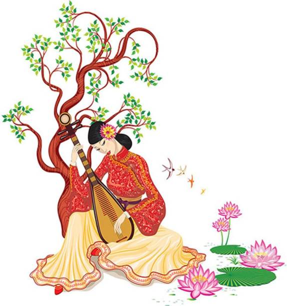 AH Decals Chinese Girl Playing Lute Under The Tree Medium Chinese Girl Playing Lute Under The Tree Wall Sticker for Living Bed Dining Room Offices