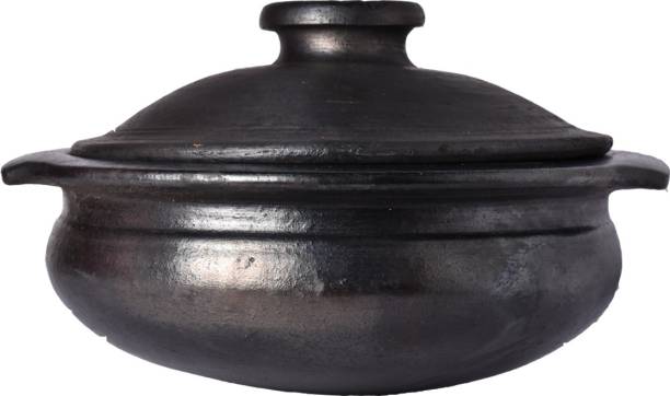 Frills & Colours Earthen Cookware for Kitchen /Clay Pot/ Earthen Handi/ Curry Pot -Organic/ Pre-Seasoned -Black with Lid Handi 2.5 L with Lid