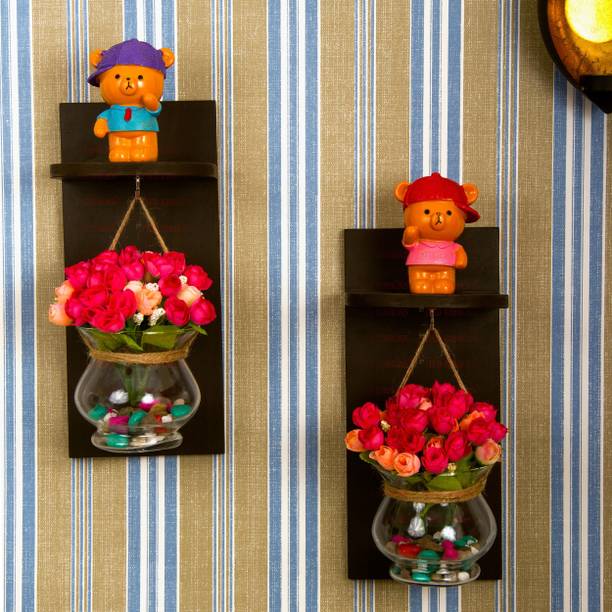 TIED RIBBONS Decorative Wall Décor Wood Shelf With Hanging Glass Pot And Artificial Flowers Wooden, Glass Vase