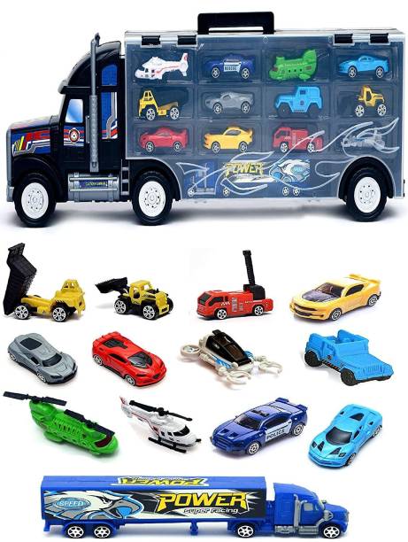 Toys Bhoomi huge long haul transport carrier truck with 13 vehicles - cars, ufo, helicopters, trucks, construction car and more- Multi color