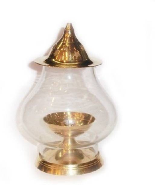 Puja N Pujari Akhand Diya Oil Lamp With Glass Cover Brass for Puja Home Decor Brass Table Diya