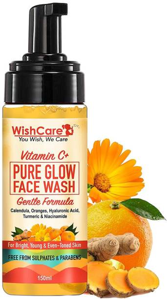 WishCare Vitamin C+ Pure Glow  for Men & Women Daily Use - with Vitamin C, Hyaluronic Acid, Niacinamide, Oranges, Calendula & Turmeric - 150 ml Face Wash