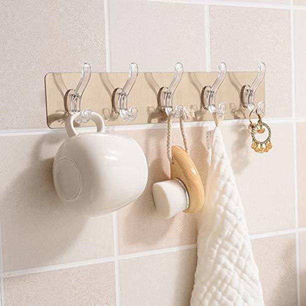 Nispruhay Self Adhesive No Drills Wall/Rail/Kitchen/Bathroom Strong Sticky Towel Hanger Hook (5 Hooks, 36 x 6cm | Multicolour) Hook Rail 5