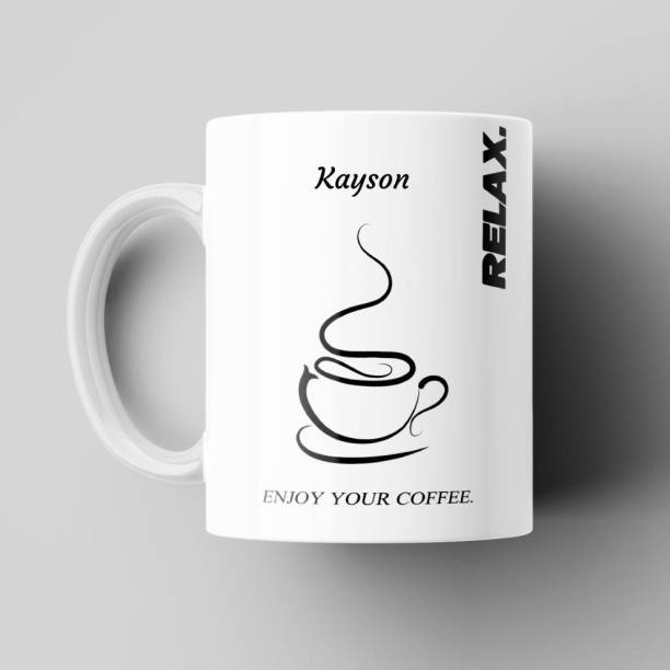 Beautum Relax and Enjoy Your Coffee Name Kayson Printed Best Gift White Ceramic Coffee (350) ml Model No:BEYCR009380 Ceramic Coffee Mug