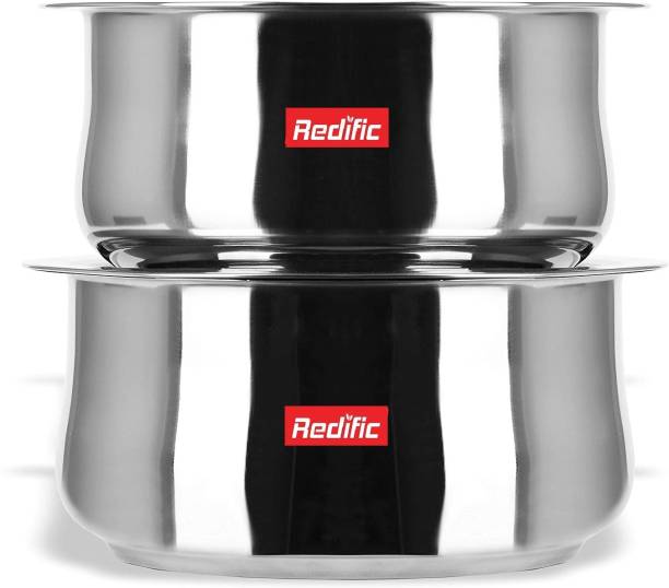 Redific Tope Set With Lid Tope With Lid Steel Cookware Sets Cookware Pots Steel Container Sets Steel Milk Containers Pan Tapeli Set Bhagona Set With Lid Patila Set With Lid Capicity: 3 Liter and 2.1 Liter With Lid 22 Gauge Heavy Gas and Induction Compatible. Tope Set with Lid 3 L, 2.1 L capacity 23 cm diameter