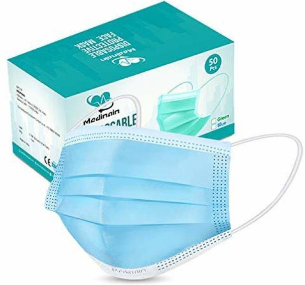 MEDINAIN 3 Layer Disposable 100 Pieces Spun Bond Non-Woven Fabric CE,ISO and WHO-GMP Certified (BFE)≥98.5%, Particle Filtration Efficiency(PEE)≥94% with Adjustable Pin Inside Surgical Mask With Melt Blown Fabric Layer