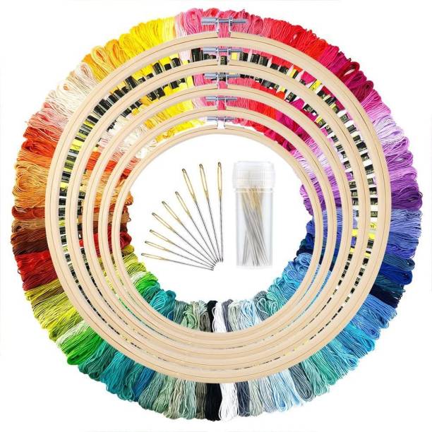 Royal Villa Special Combo Pack of 5 Embroidery hoop frame + 25 Multicolored Cotton Skein Threads 8m each + 30 Needles Compact for Embroidery and Art Craft Work.