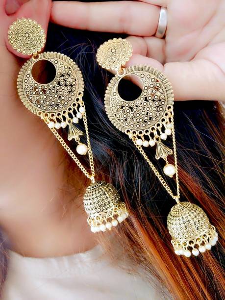 Fashion Frill Exclusive Golden Long Party Wear Hanging Earrings Brass Jhumki Earring
