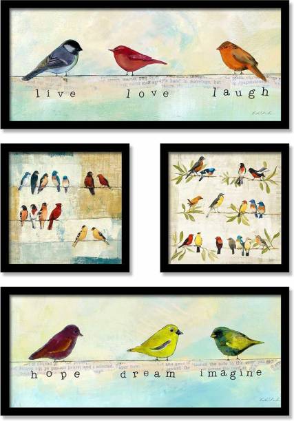 Painting Mantra Birds Theme Framed Painting, 4 Framed Digital Reprint 7 inch x 22 inch Painting