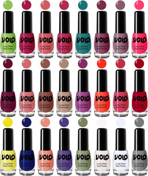 Volo Nail Polish Combo Hi-Shine Nail Enamel Set of 24 Pcs Combo-No-28 Parrot Green, Moon Magenta, Peach Crush, Passion Pink, Radium Green, Peach Pink, Nudes Spring, Passion Pink, Wine, Candy Cotton, Dark Nude, Nude, Bright Plum, Coral, Light Pink, Red, Yellow, Royal Blue, Light Peach, Dark Purple, Olive Green, Matte White, Extra Shine Top Coat, Grey