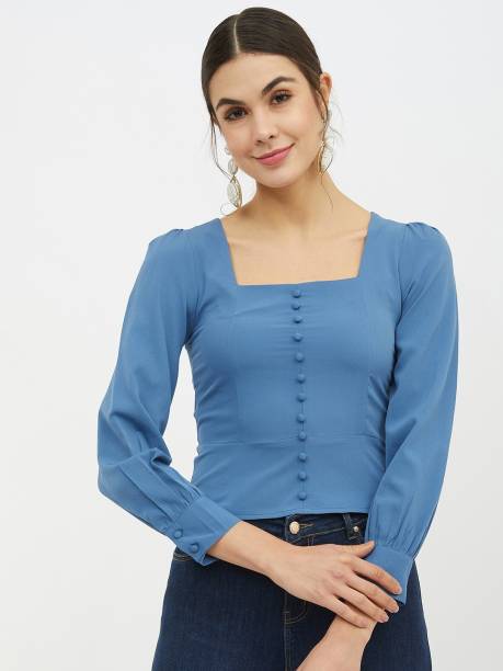 HARPA Casual 3/4 Sleeve Solid Women Blue Top