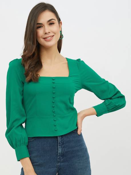 HARPA Casual 3/4 Sleeve Solid Women Green Top