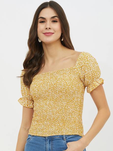 HARPA Casual Short Sleeve Printed Women Yellow Top