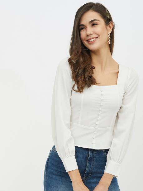 HARPA Casual 3/4 Sleeve Solid Women White Top