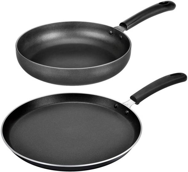 paasapahce Non stick Combo set of Dosa Tawa (24cm) and Fry Pan (21cm), Gas stove compatible Non-Stick Coated Cookware Set
